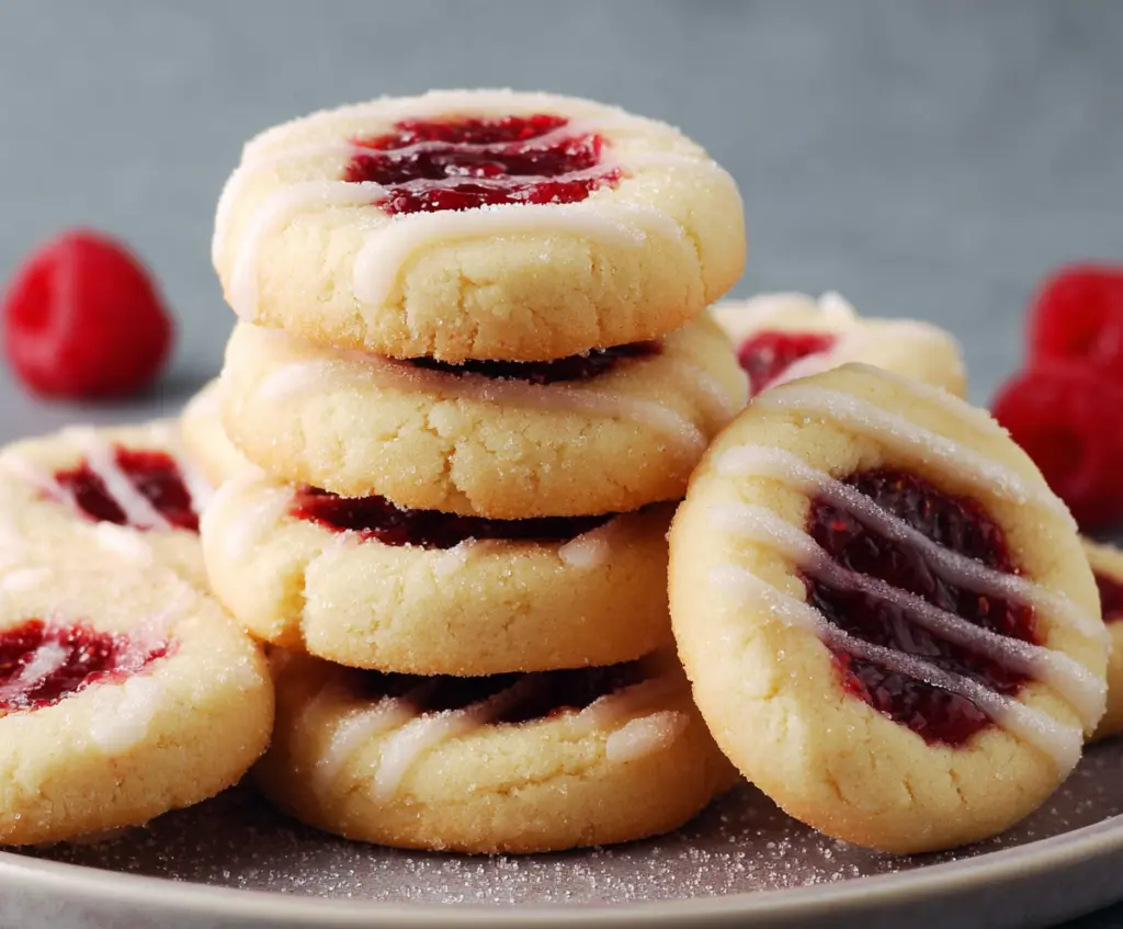 Delicious homemade raspberry shortbread cookies on a rustic plate.