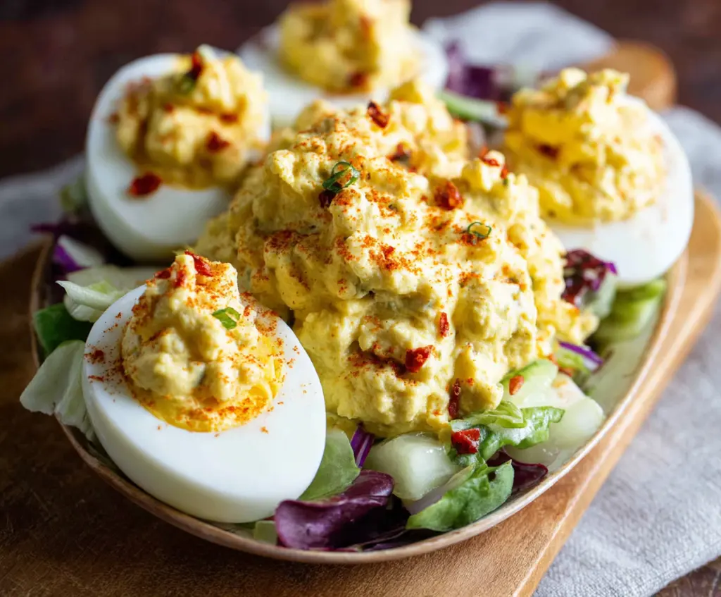 Delicious Salad Deviled Eggs garnished with fresh herbs on a white platter.