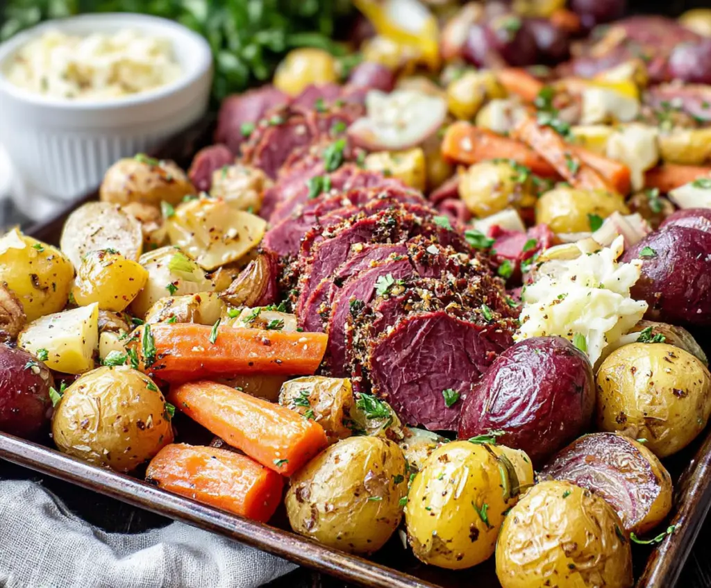 Delicious sheet pan corned beef with vegetables ready to serve.