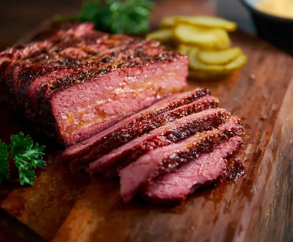 Delicious smoked corned beef served with crispy vegetables and fresh garnish.