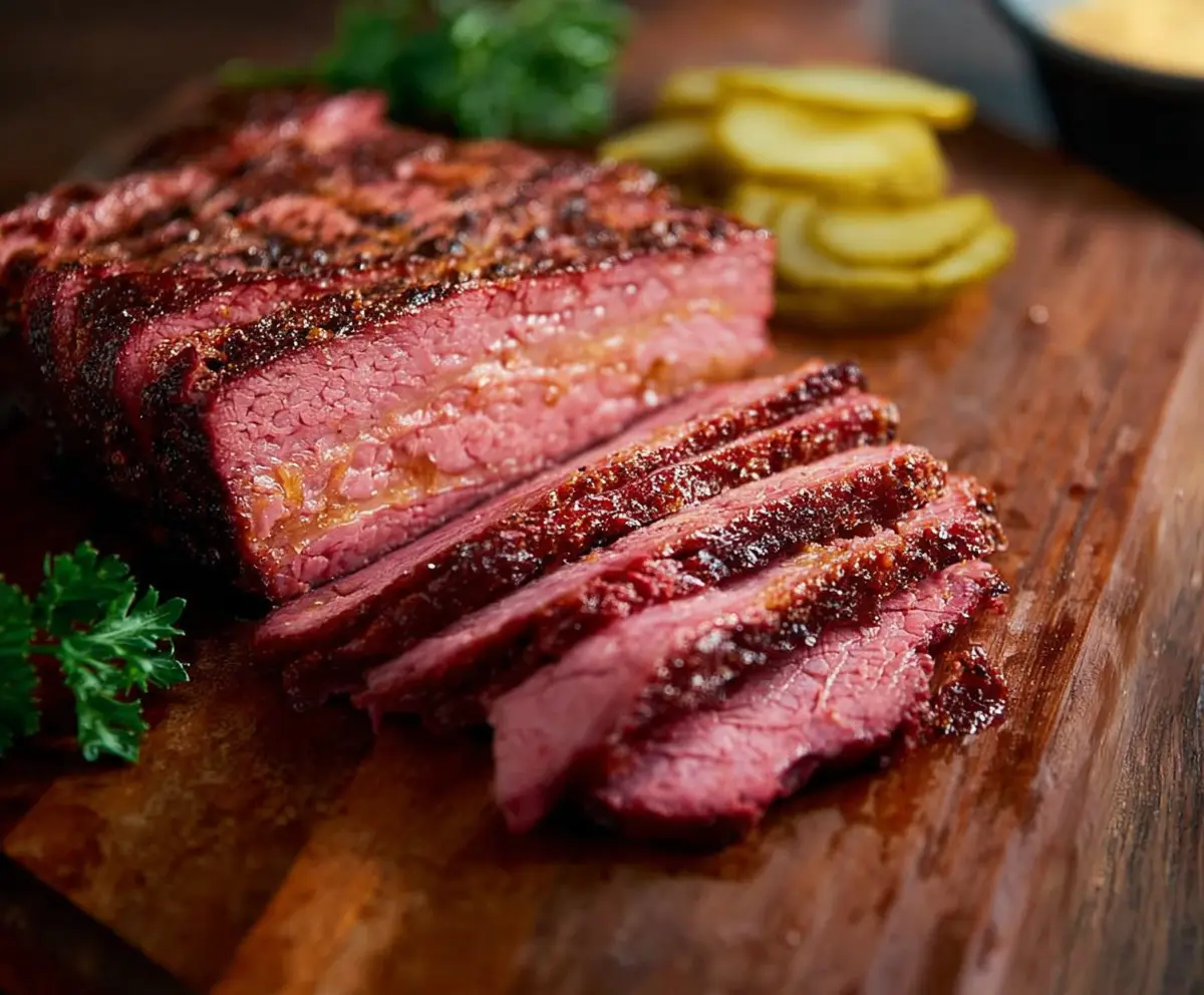 Delicious smoked corned beef served with crispy vegetables and fresh garnish.