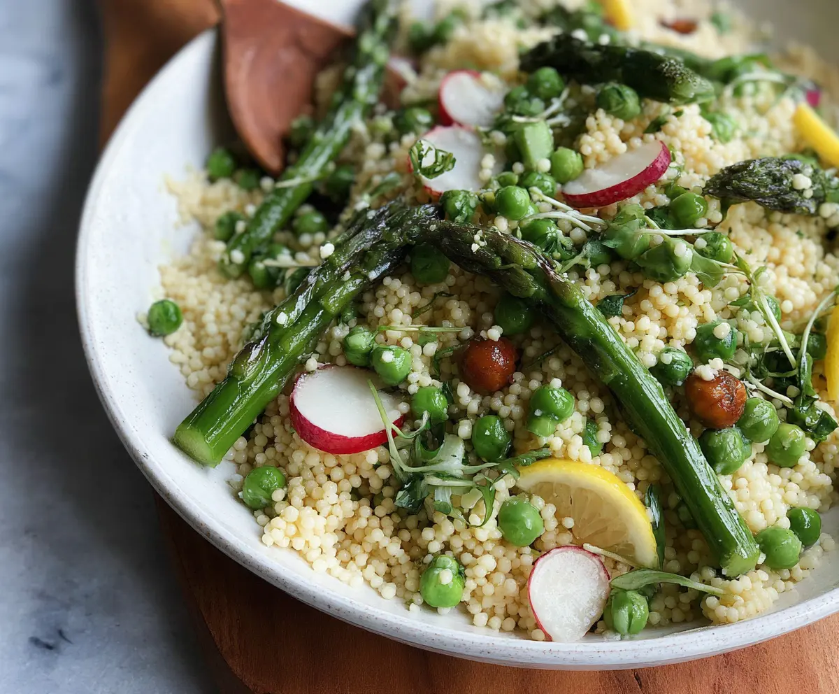 Fresh and colorful spring couscous salad with vegetables and herbs in a bowl.