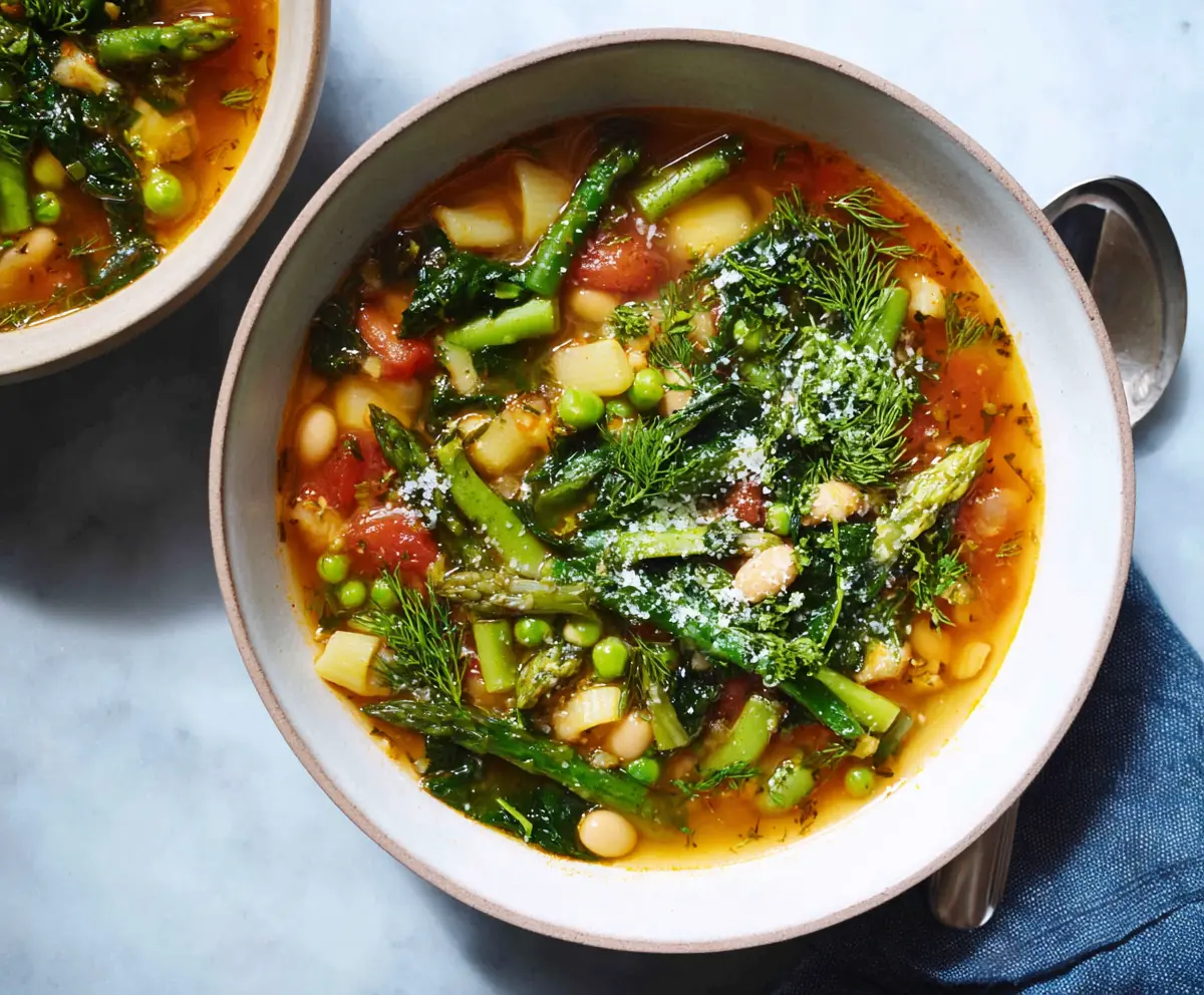 Healthy spring minestrone soup with fresh vegetables and herbs in a bowl