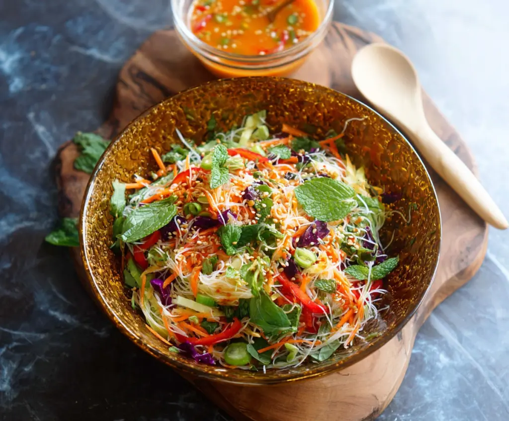 Fresh spring roll salad with colorful vegetables and herbs topped with spicy ginger dressing.