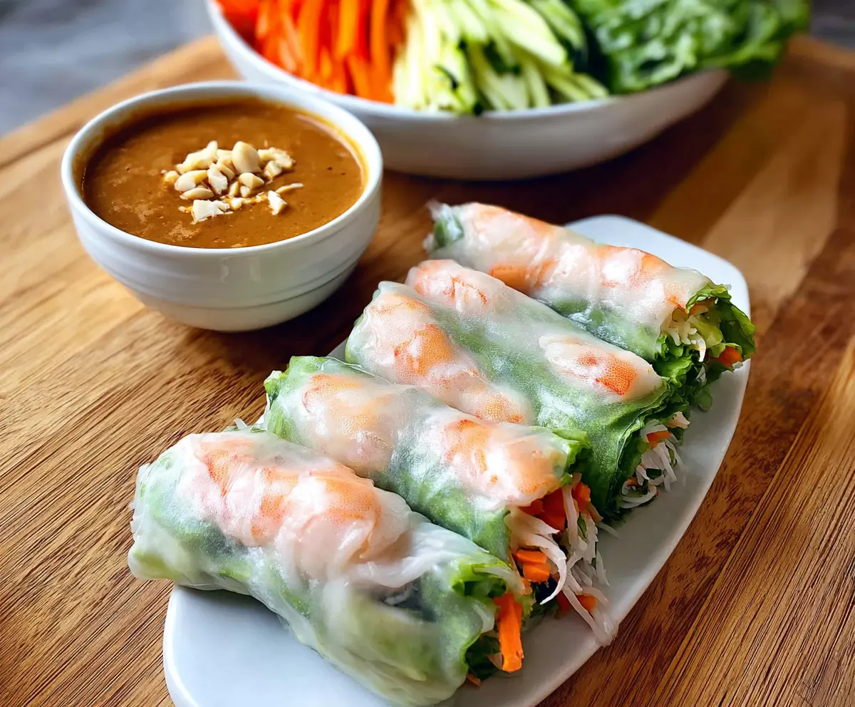 Fresh spring rolls filled with vegetables and herbs served with creamy peanut dipping sauce.
