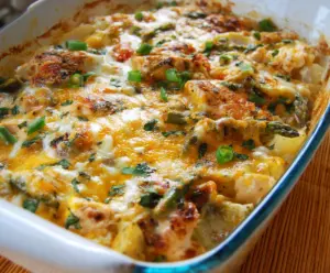 Baked Spring Veggie Loaded Chicken Potato Casserole with fresh vegetables and crispy toppings.
