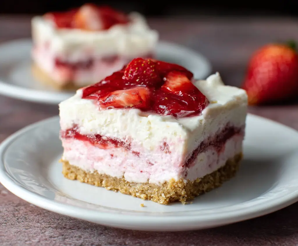 Delicious strawberry cheesecake bars with a creamy texture and fresh strawberry topping.