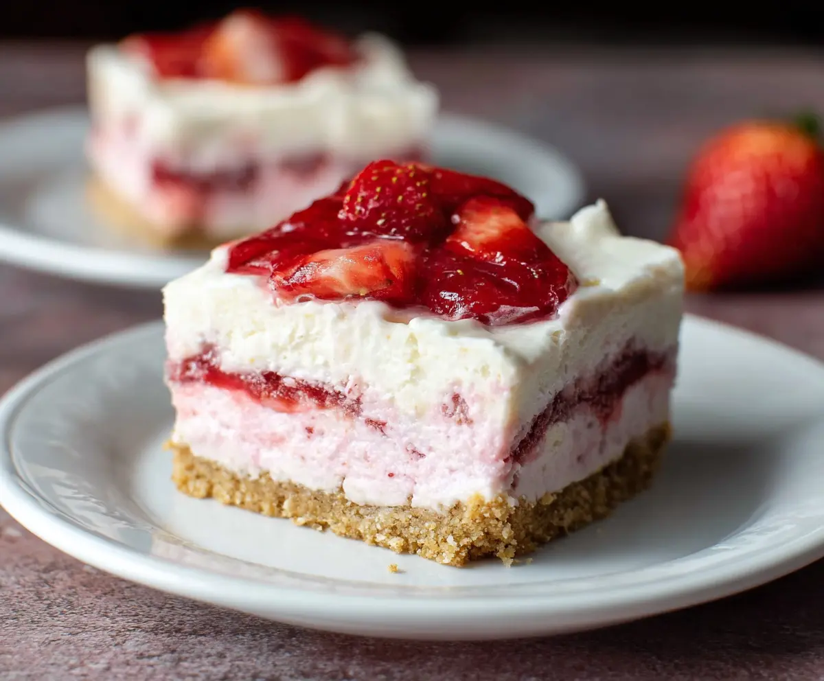 Delicious strawberry cheesecake bars with a creamy texture and fresh strawberry topping.