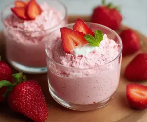 Delicious creamy strawberry mousse in a glass bowl, topped with fresh strawberries and mint leaves.