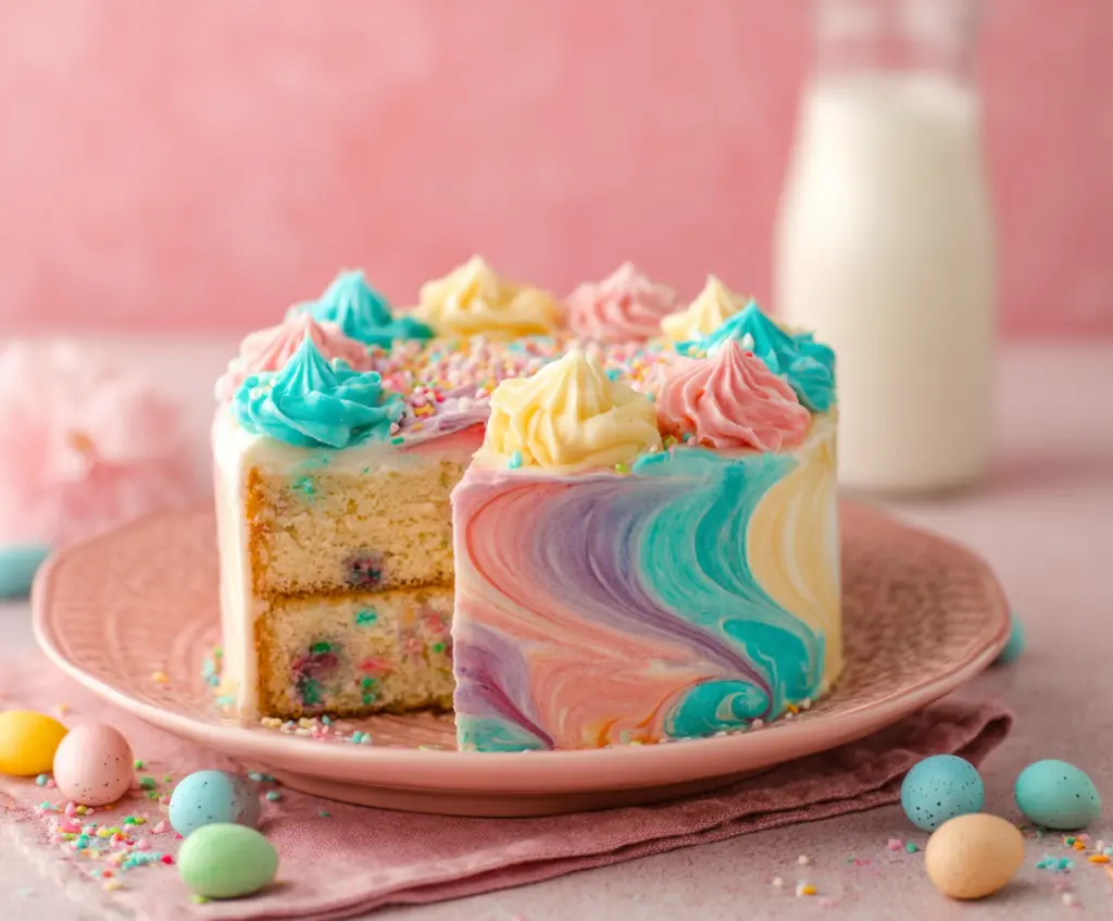 Delicious swirled Easter cake decorated with colorful icing and festive sprinkles.