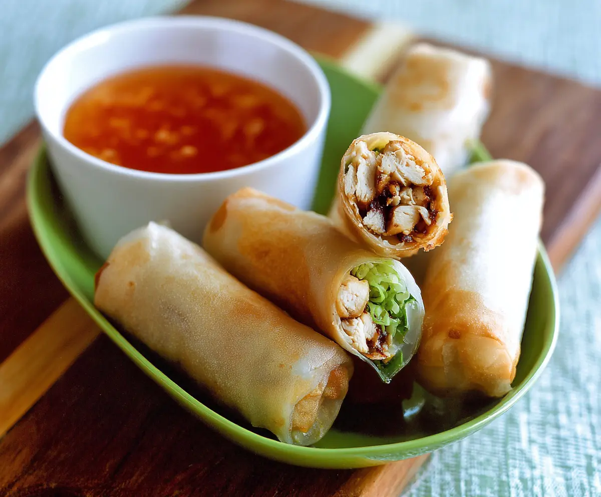 Fresh Thai chicken spring rolls served with sweet chili sauce on a plate, garnished with herbs.