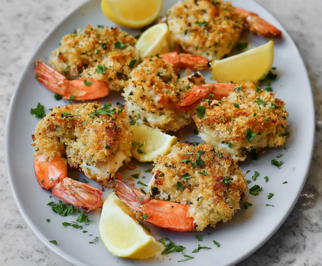 Delicious baked stuffed shrimp with herbs and melted cheese on a white platter