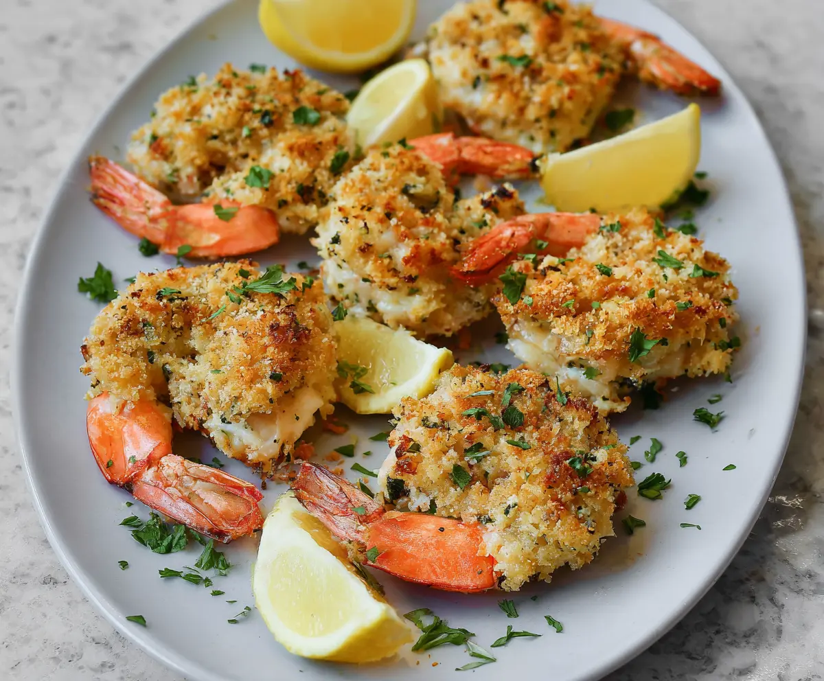 Delicious baked stuffed shrimp with herbs and melted cheese on a white platter