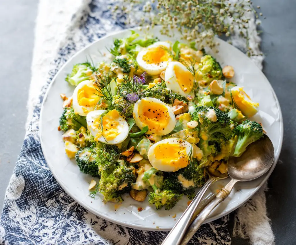 Fresh broccoli egg salad in a bowl with chopped eggs and greens ready to serve.
