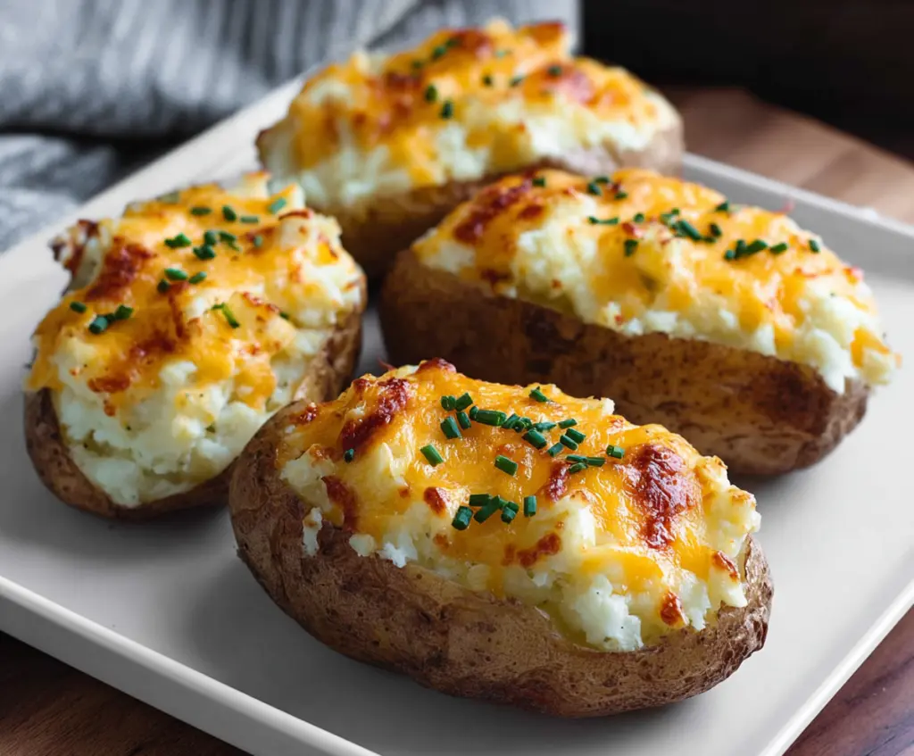 Delicious cheesy baked potatoes topped with melted cheese and herbs, perfect for a comfort meal.