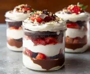 Delicious chocolate strawberry cake parfaits layered beautifully in a glass, perfect for dessert.