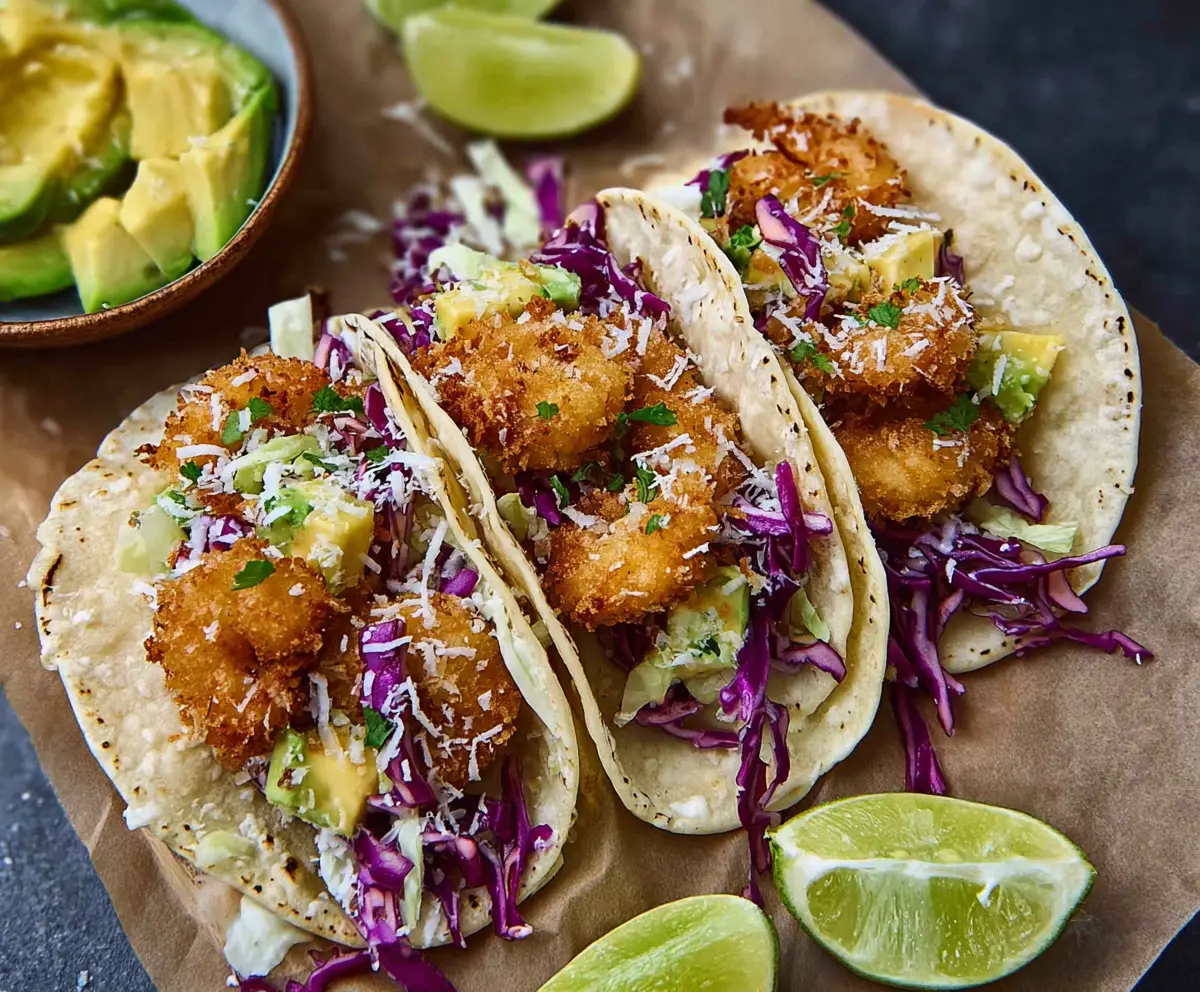 Delicious coconut shrimp tacos served with fresh toppings on a stylish plate.