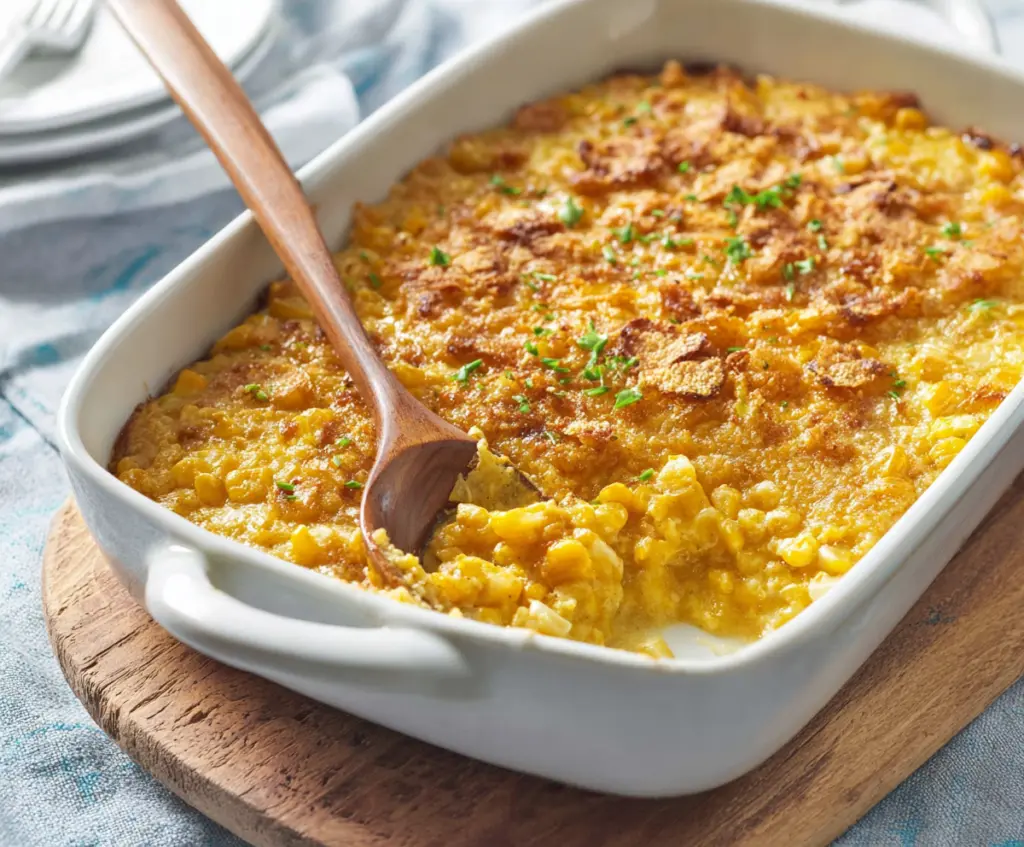 Delicious creamy scalloped corn in a serving dish, garnished with fresh herbs.