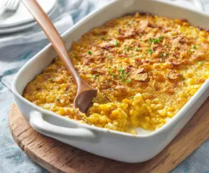 Delicious creamy scalloped corn in a serving dish, garnished with fresh herbs.