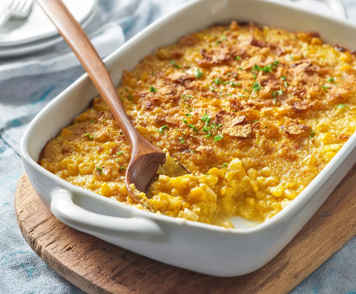 Delicious creamy scalloped corn in a serving dish, garnished with fresh herbs.