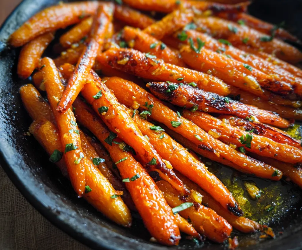 Delicious honey garlic roasted carrots served on a platter, highlighting their caramelized glaze and vibrant orange color.