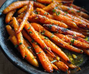 Delicious honey garlic roasted carrots served on a platter, highlighting their caramelized glaze and vibrant orange color.