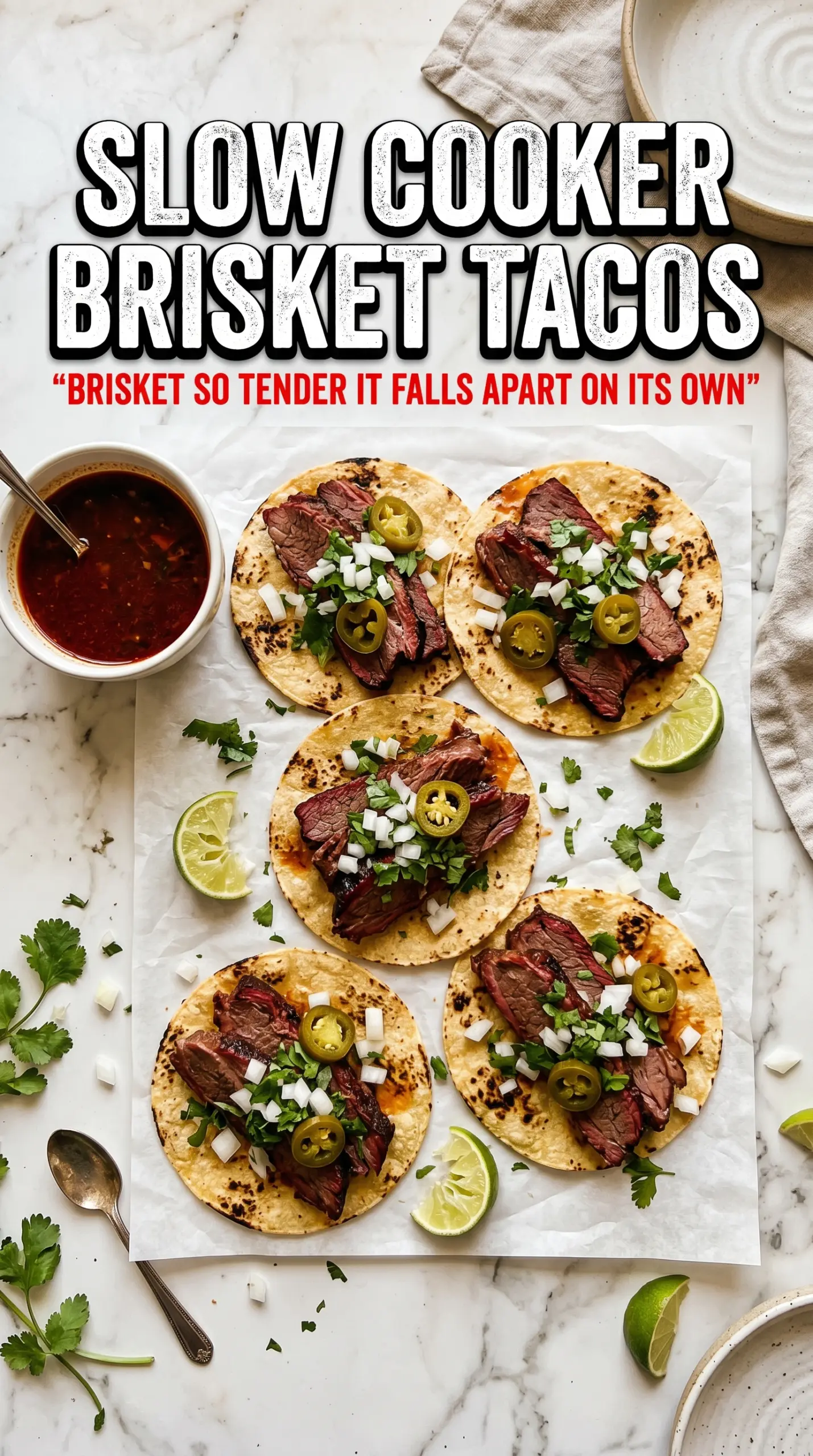 Slow Cooker Brisket Tacos juicy shredded brisket sauce