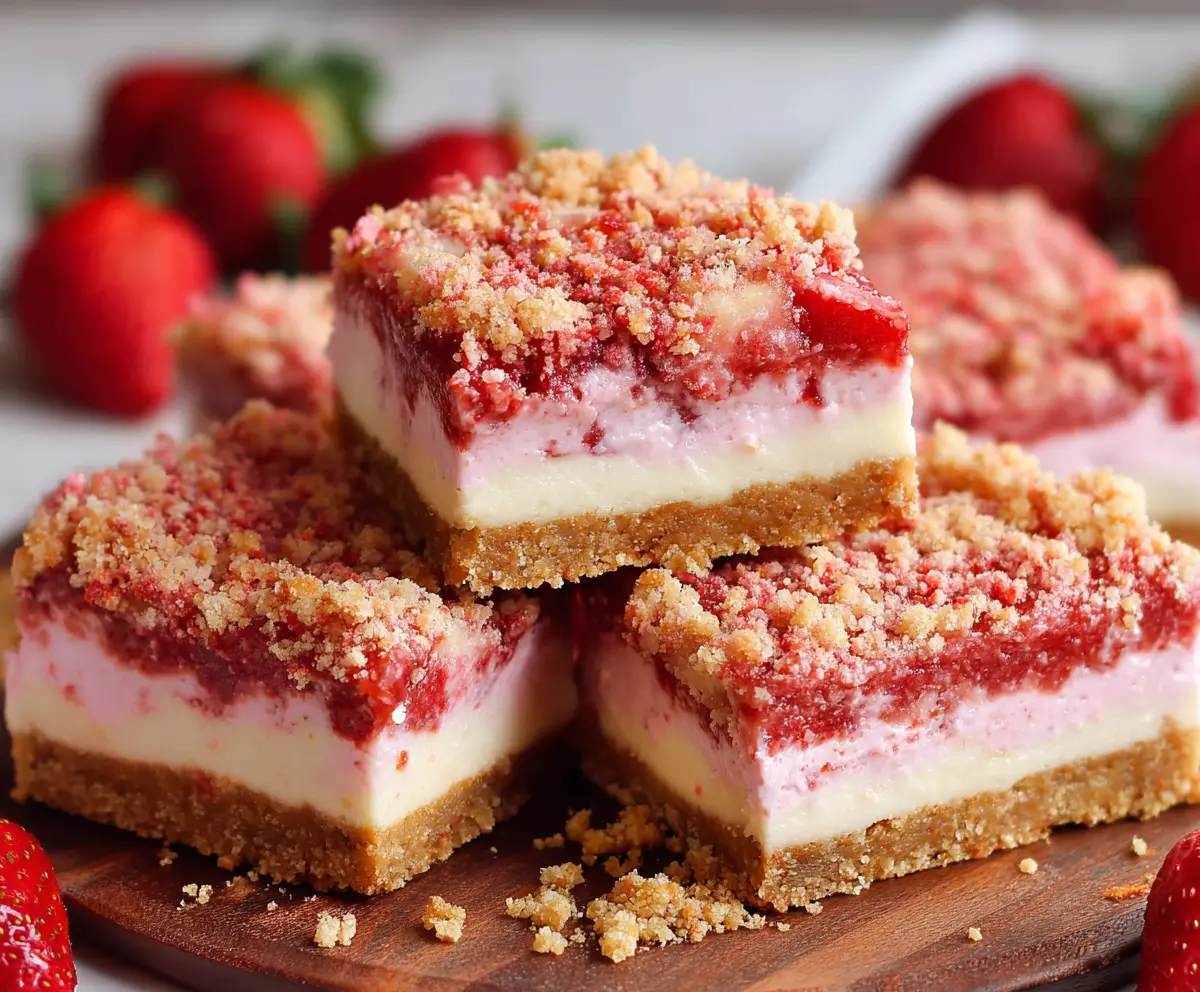 Delicious strawberry shortcake cheesecake bars with fresh strawberries and creamy cheesecake layered on a golden crust.