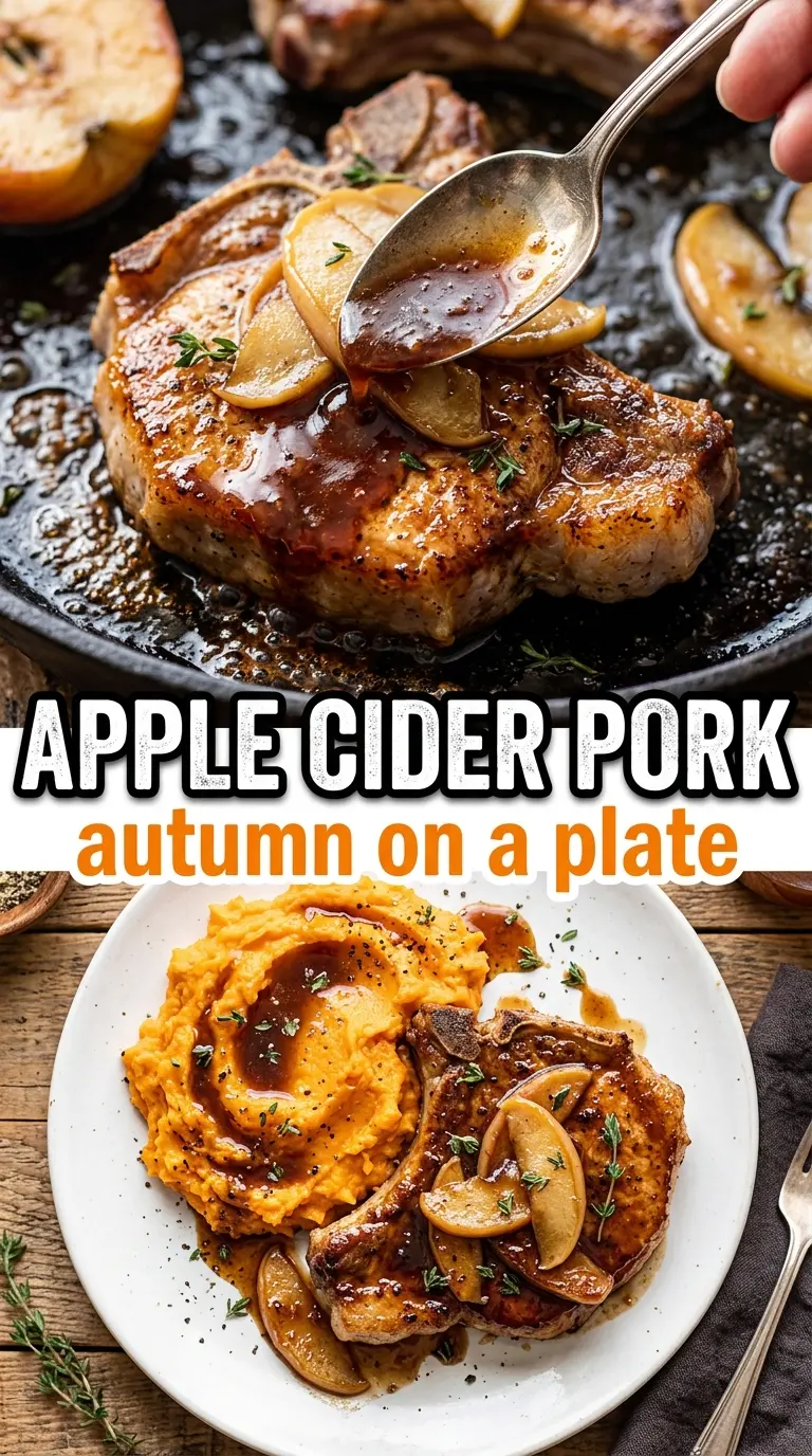 Apple cider pork with mashed sweet potatoes, glossy, cozy, autumn