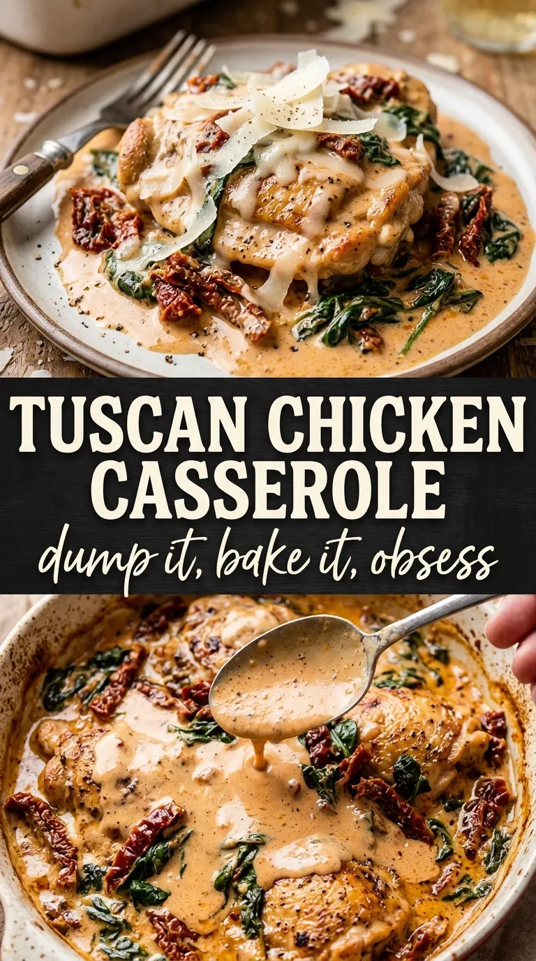 Baked Tuscan Chicken Casserole golden chicken creamy spinach sun-dried tomato