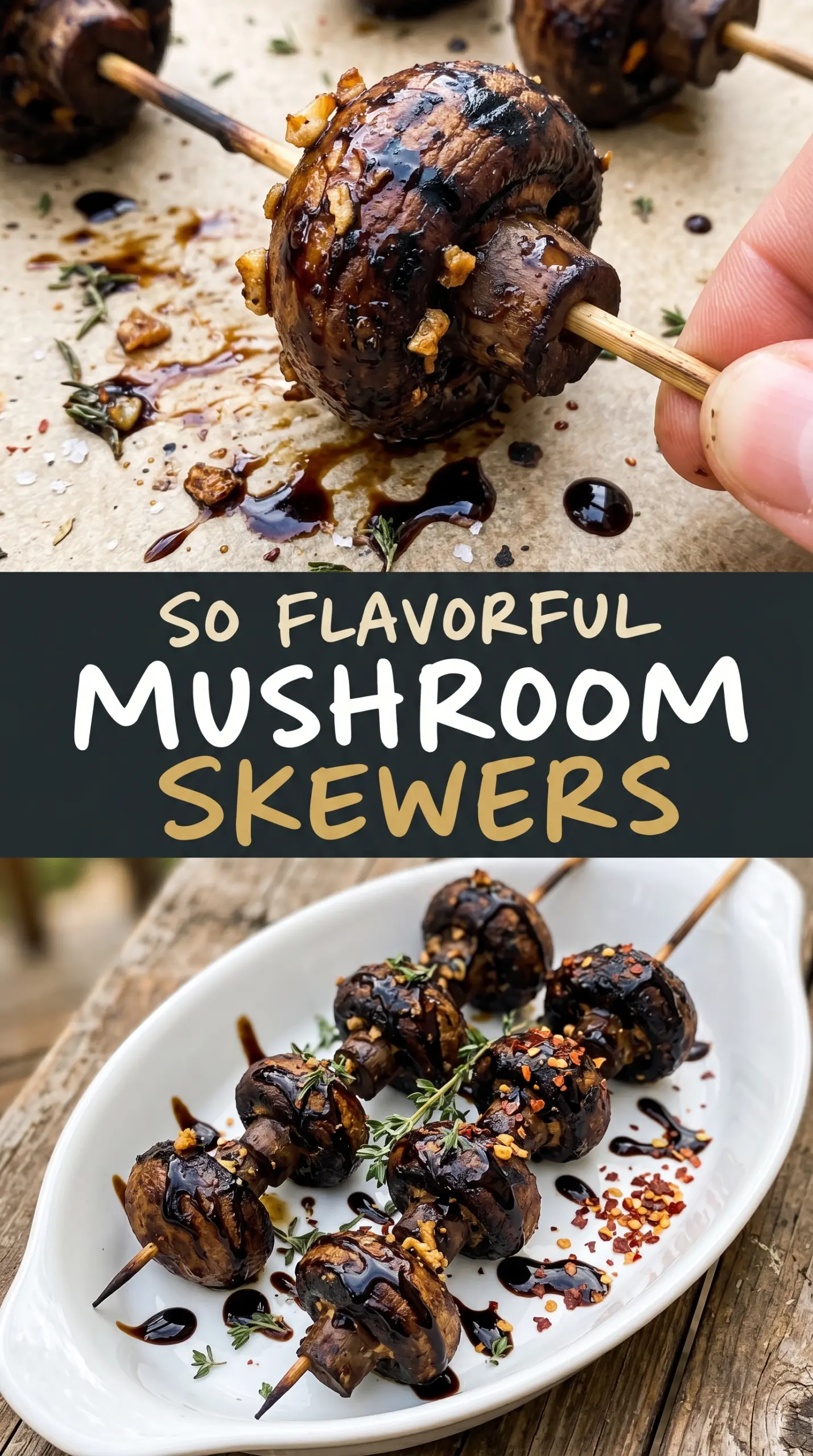 Balsamic Garlic Grilled Mushroom Skewers grilled mushrooms, balsamic glaze, garlic thyme