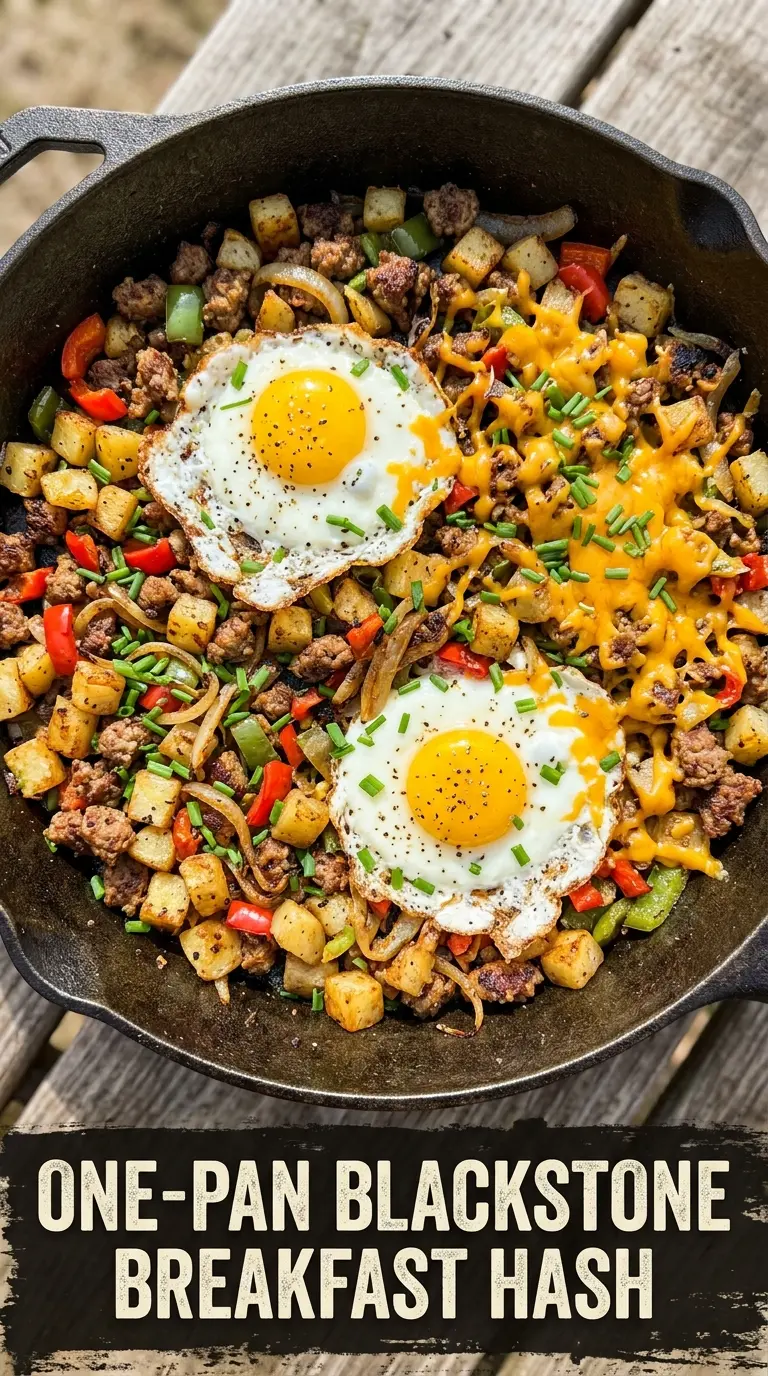Blackstone breakfast hash crispy potatoes sausage eggs