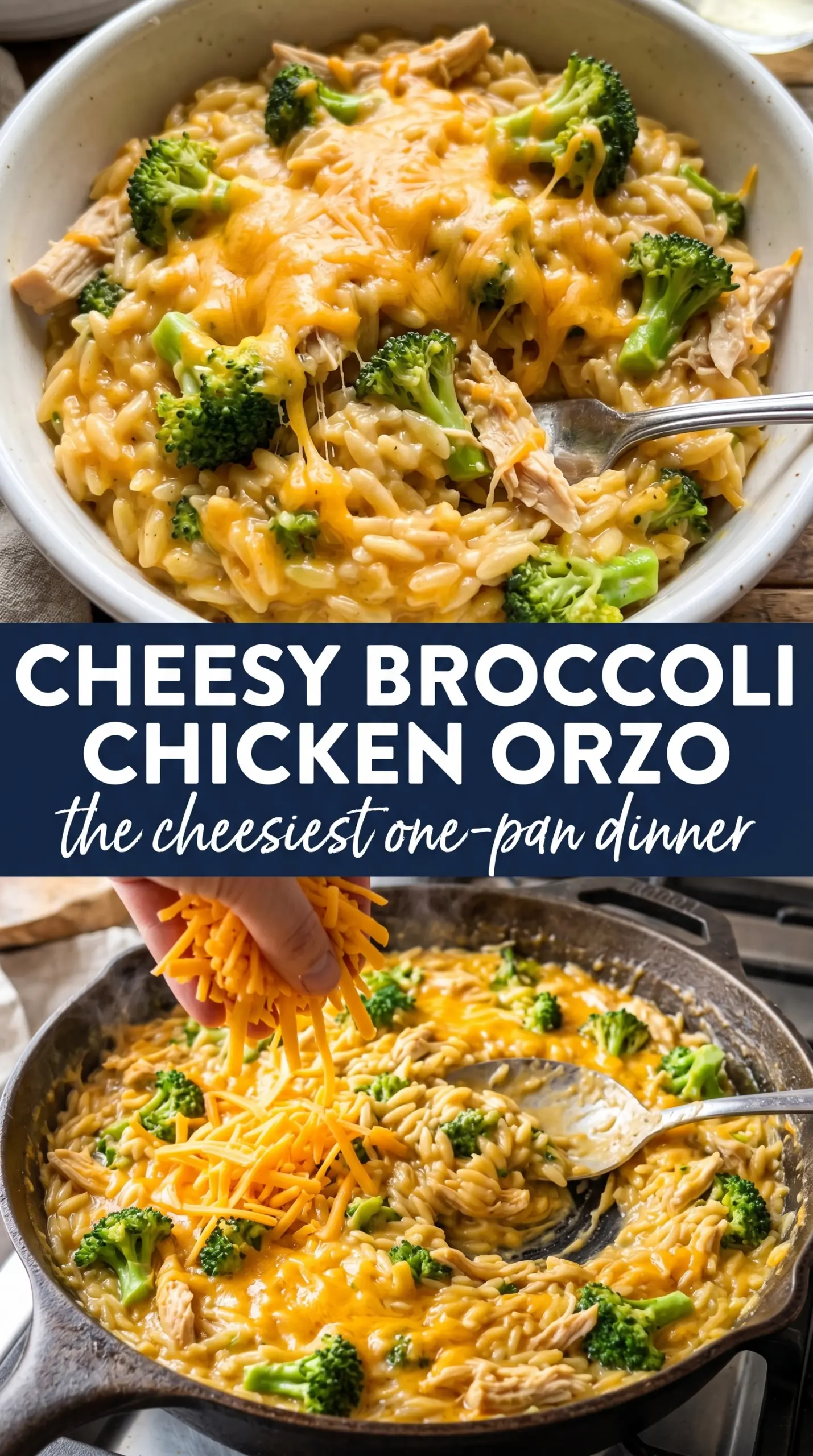 Cheesy Chicken Broccoli Orzo creamy cheddar, tender broccoli, one-pan