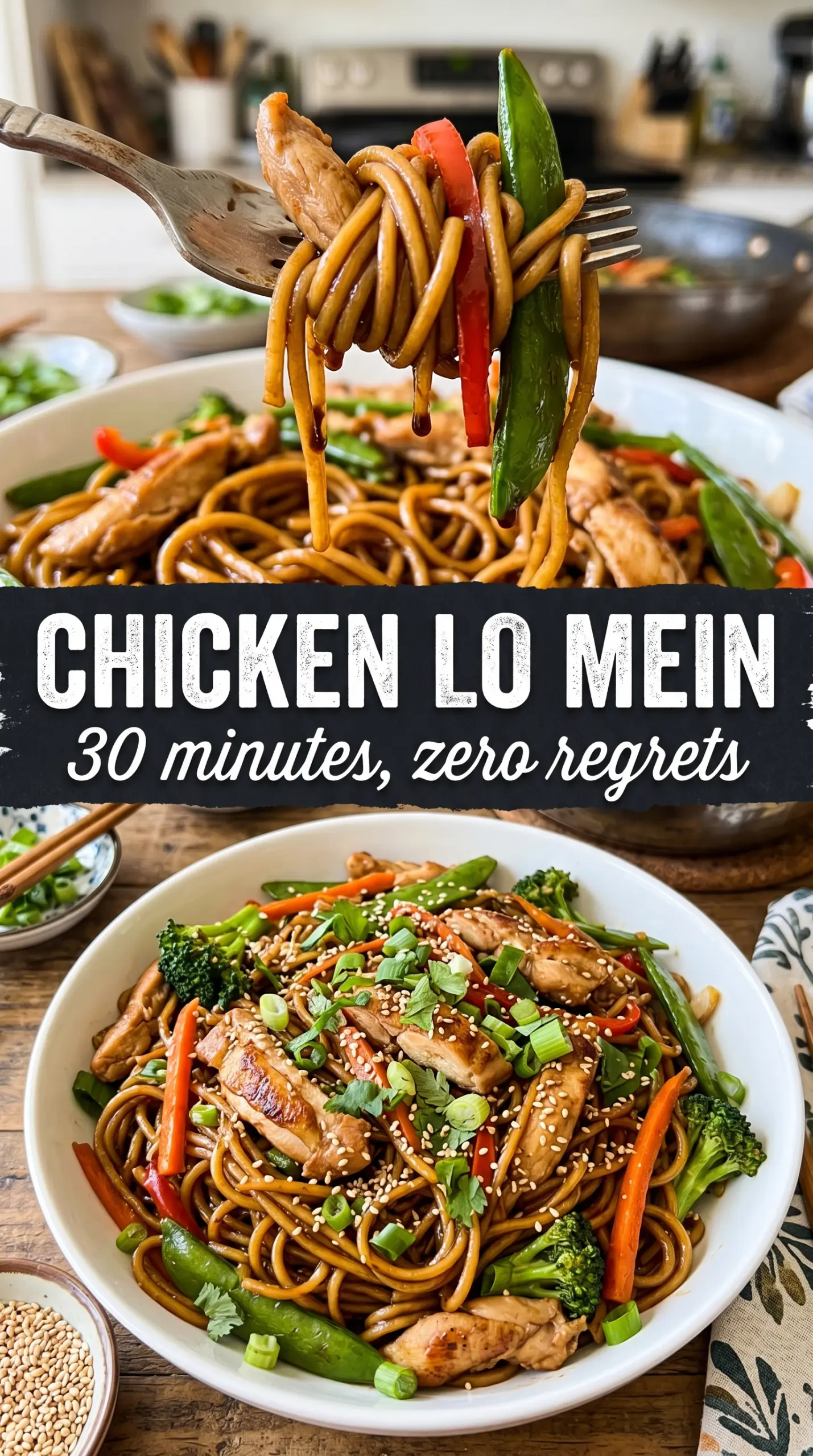 Chicken lo mein glossy noodles savory stir-fry