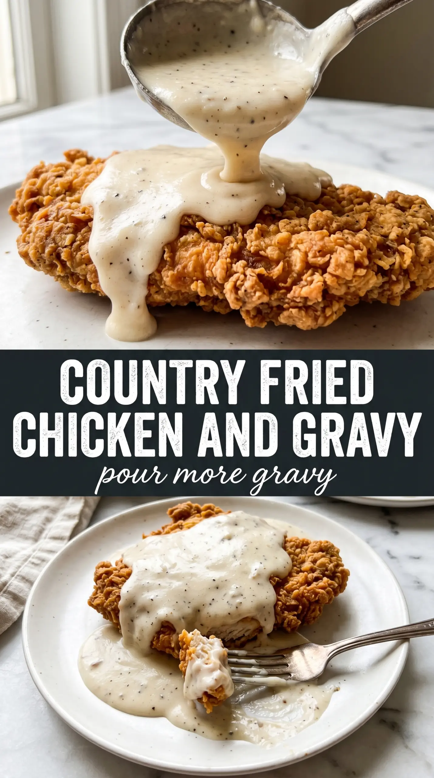 Country fried chicken crispy golden, white gravy, Southern comfort