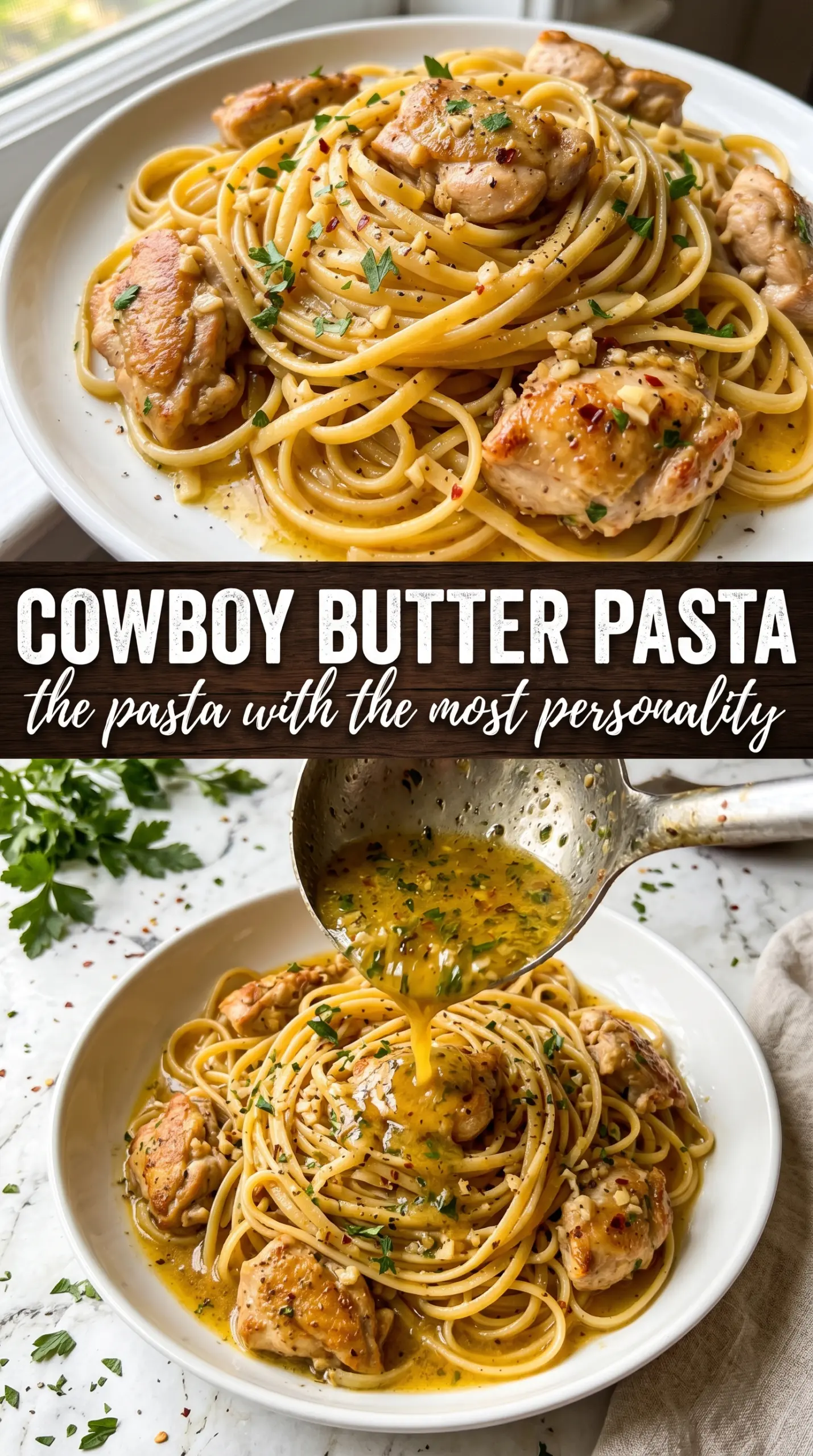 Cowboy Butter Chicken Linguine with seared chicken, spicy butter sauce