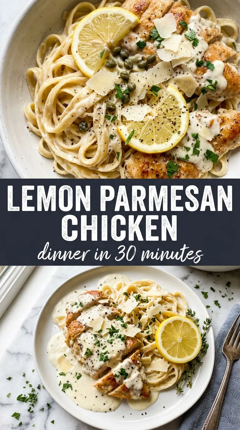 Creamy Parmesan Lemon Chicken, silky skillet sauce, golden chicken