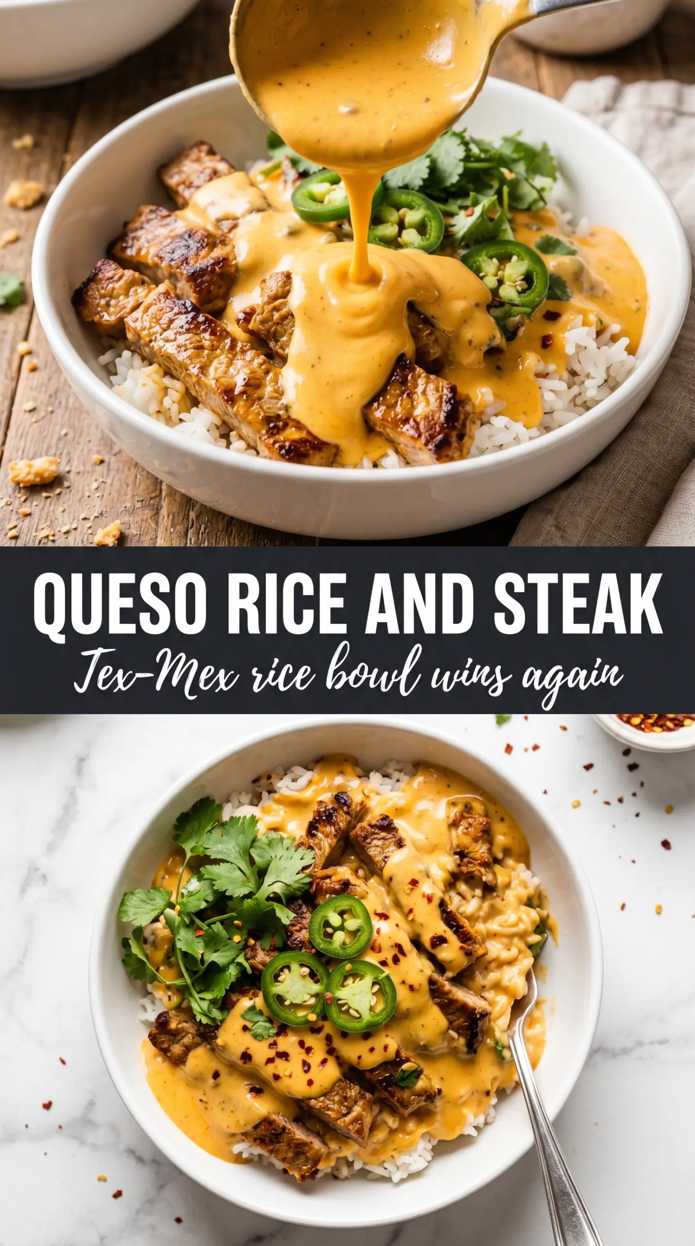 Creamy Queso Rice with Steak Strips, cheesy Tex-Mex, steak bowl