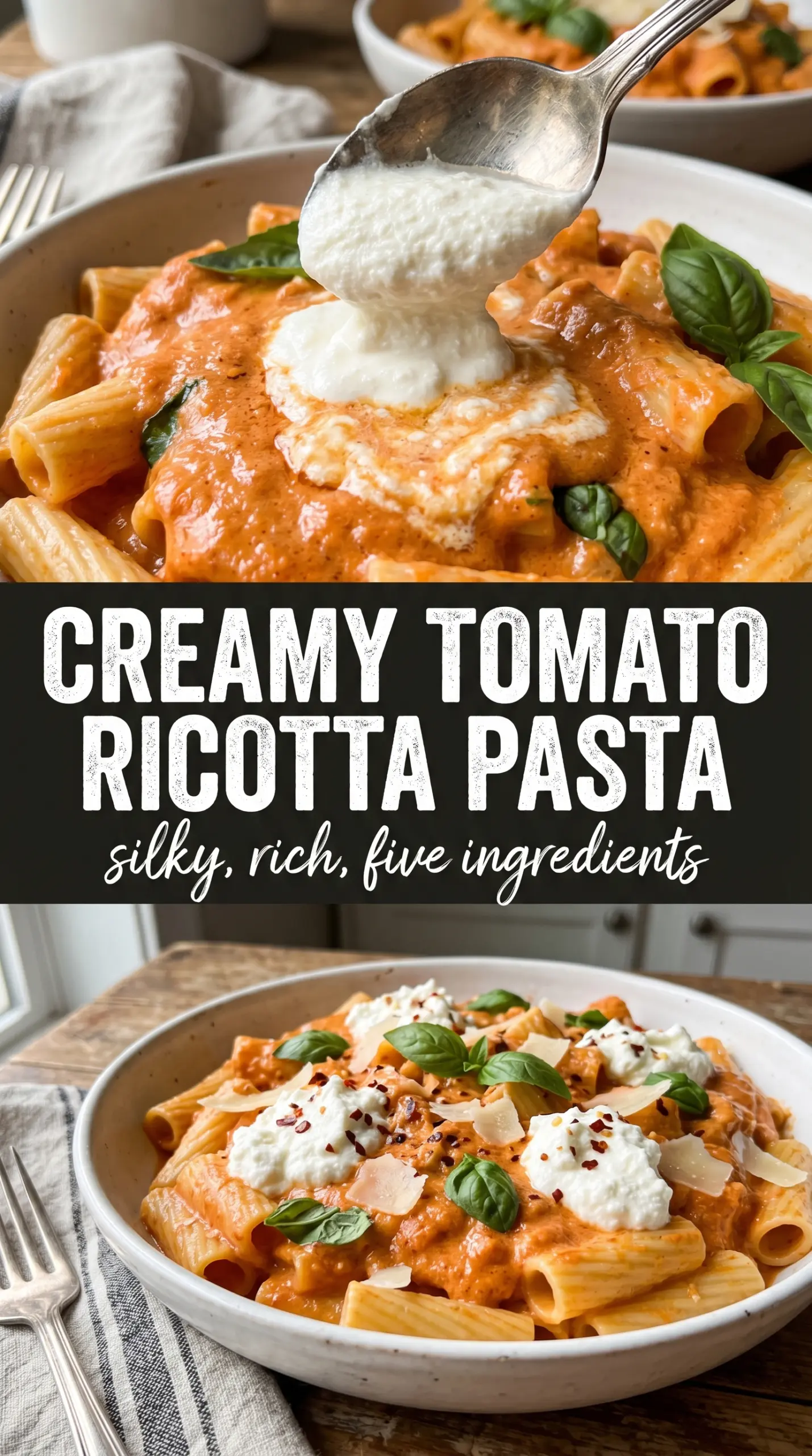 Creamy Tomato Ricotta Pasta, rigatoni, blush-pink sauce