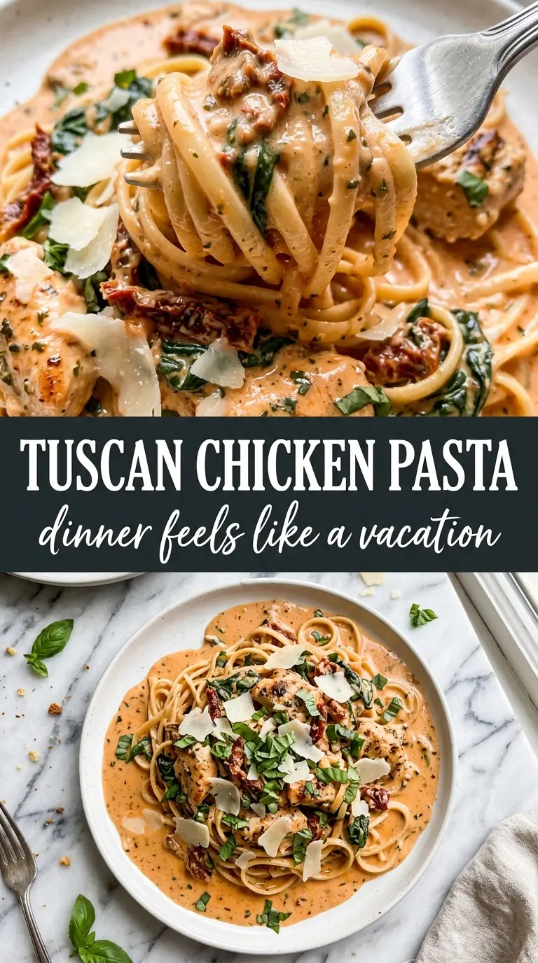 Creamy Tuscan Chicken with sun-dried tomatoes, spinach, basil