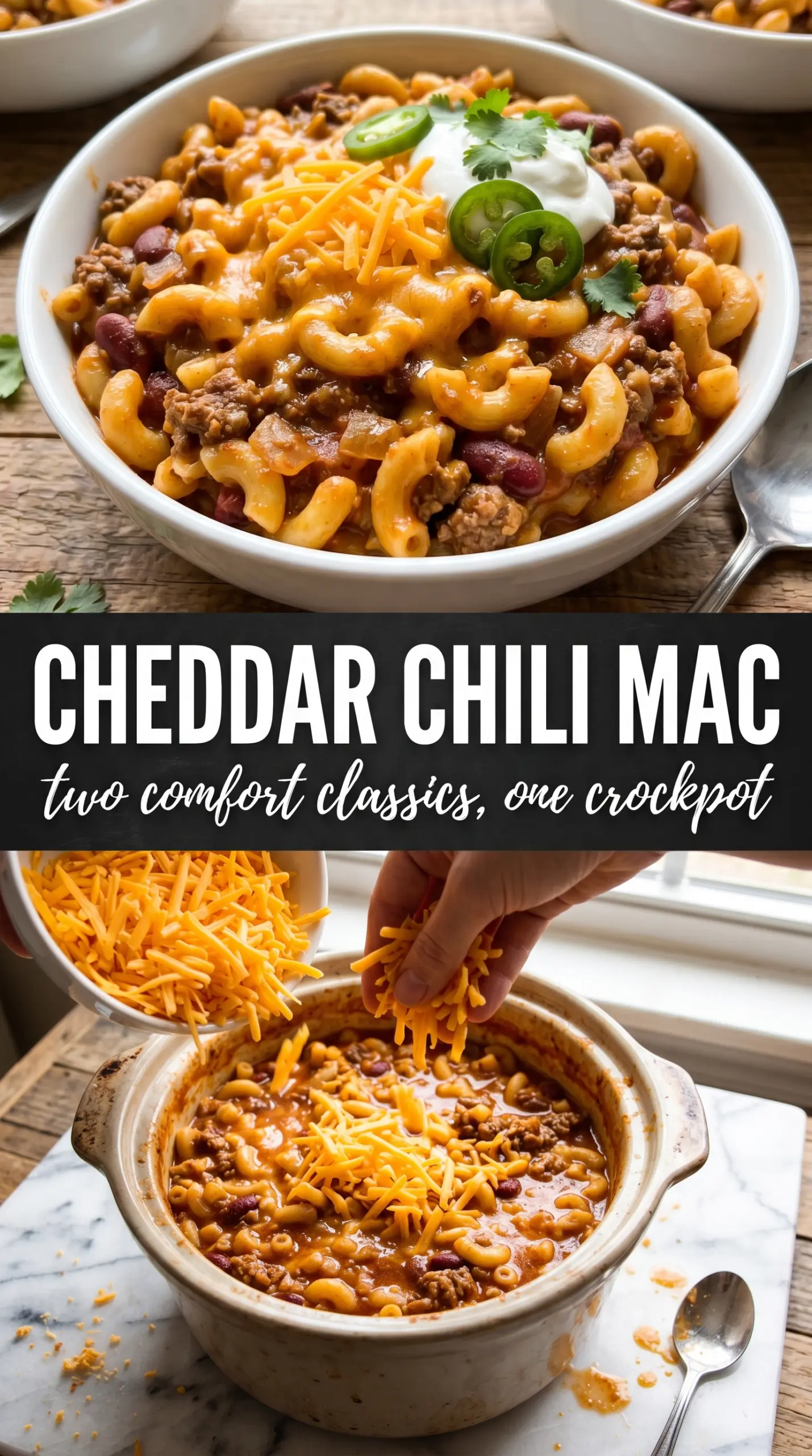 Crock Pot Cheddar Chili Mac hearty cheesy