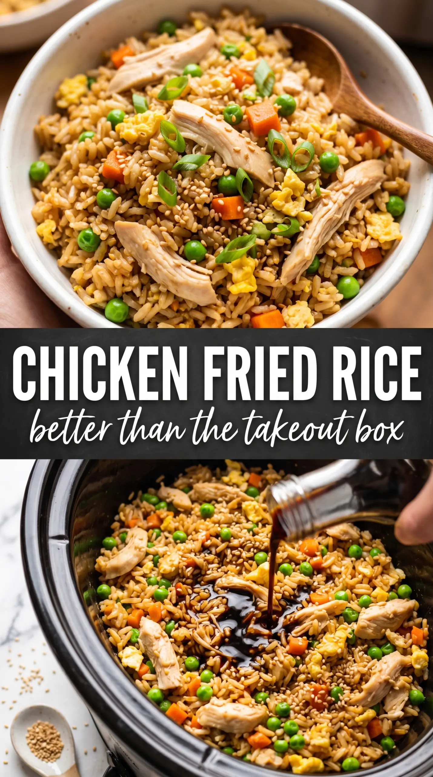Crockpot Chicken Fried Rice chicken, egg ribbons, peas and carrots