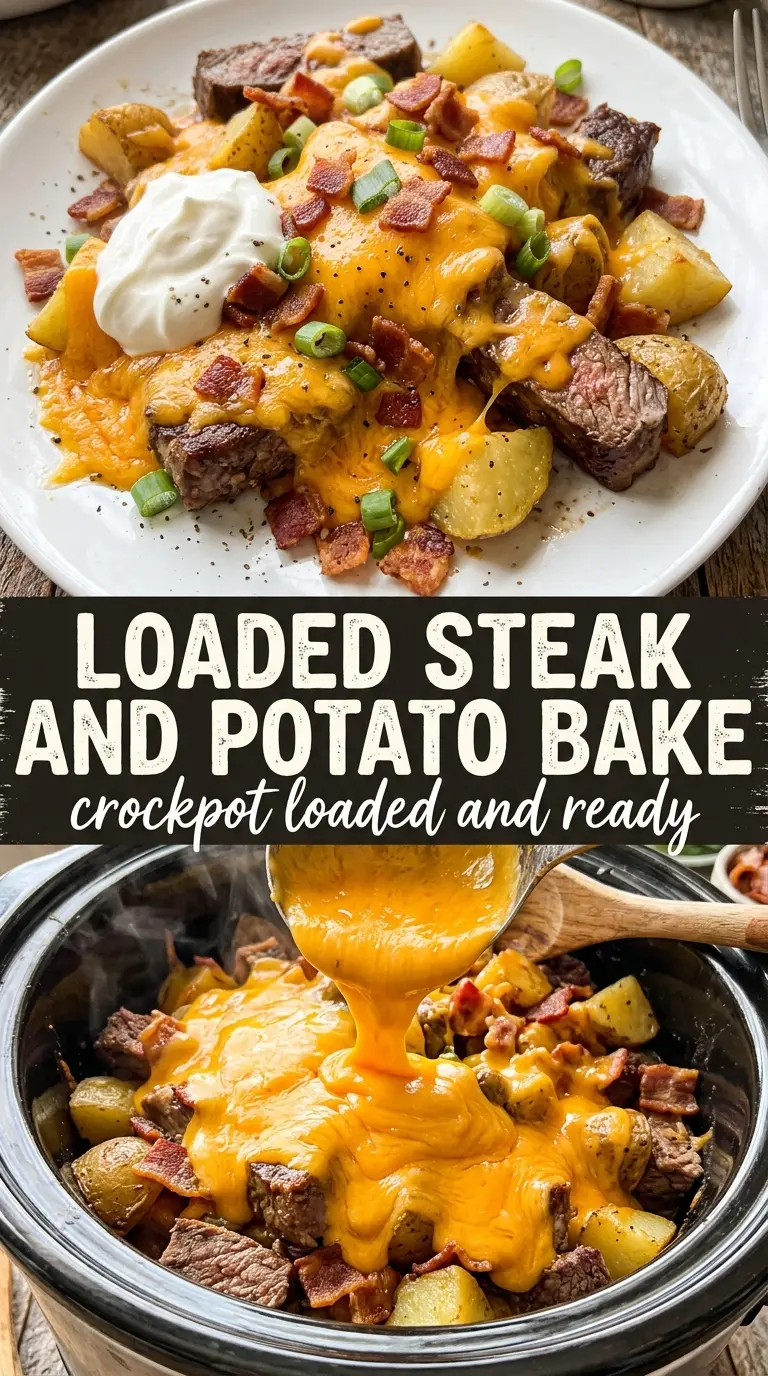 Crockpot Loaded Steak and Potato Bake tender potatoes cheddar bacon