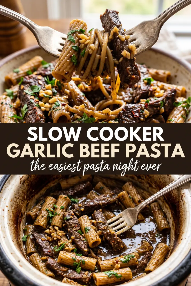 Easy Slow Cooker Garlic Beef Pasta