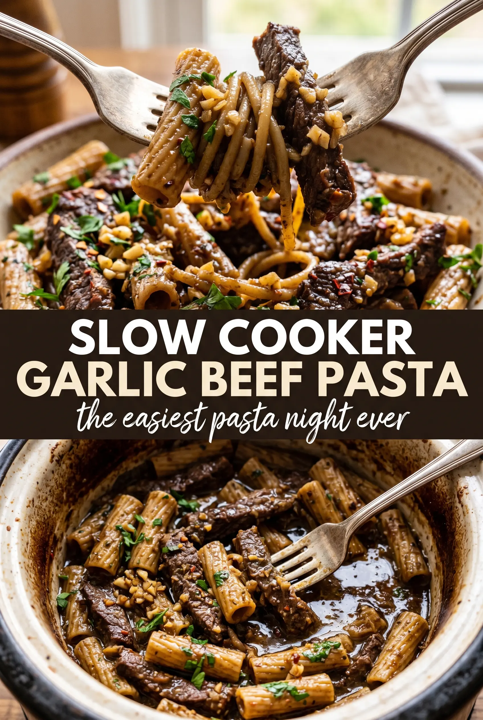 Easy Slow Cooker Garlic Beef Pasta