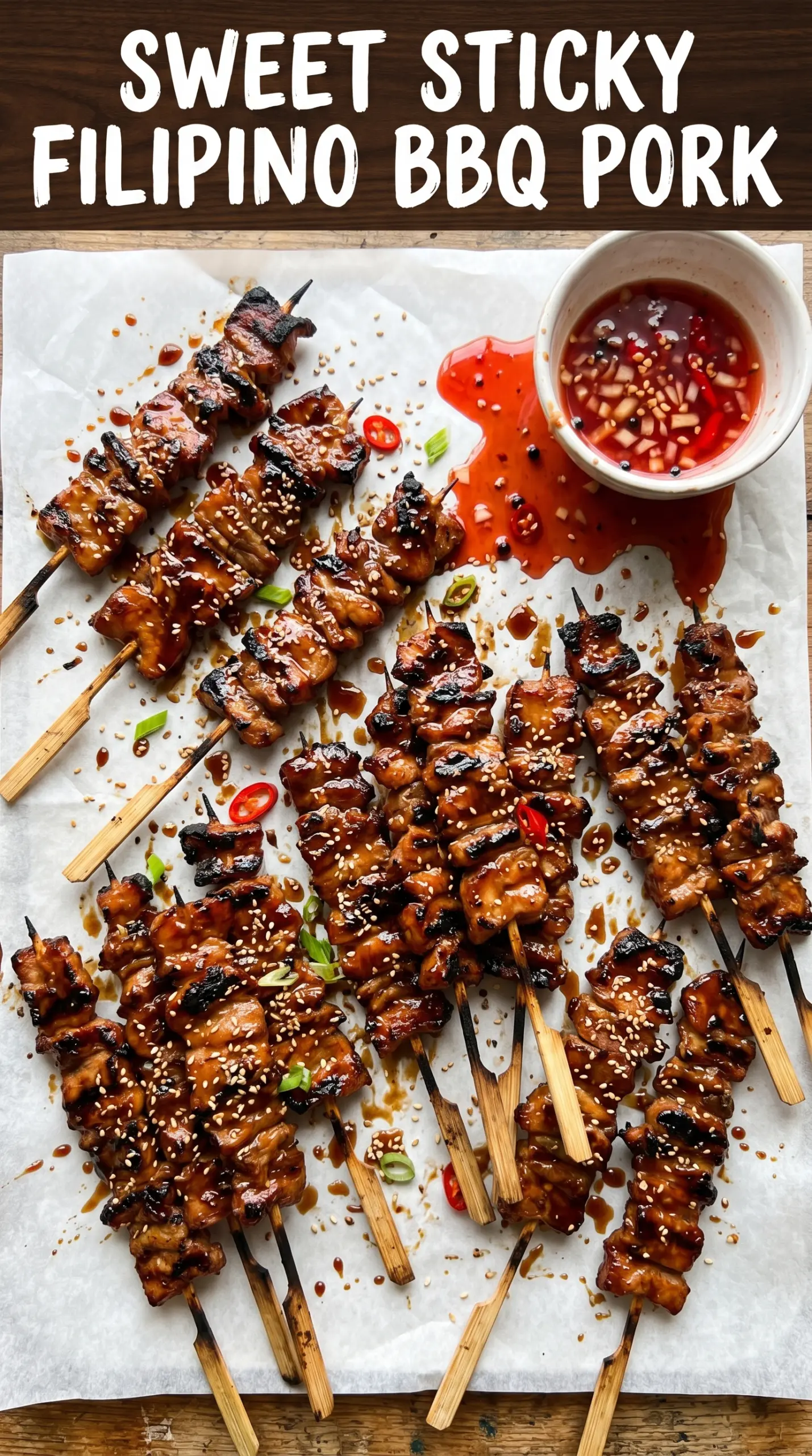 Filipino BBQ Pork skewers glossy charred