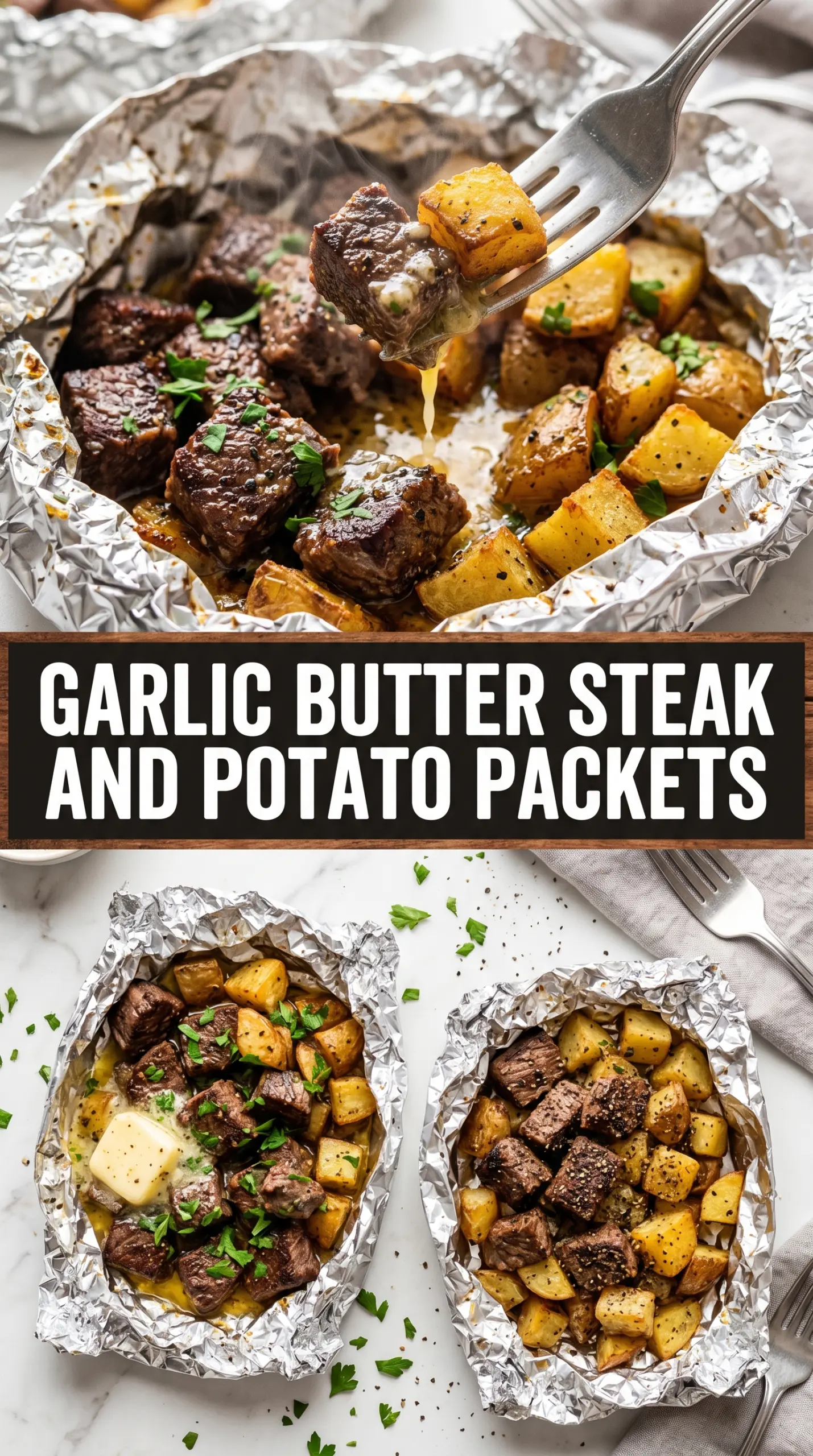 Garlic Butter Steak and Potato Foil Packets with garlic butter, grilled packets, tender steak