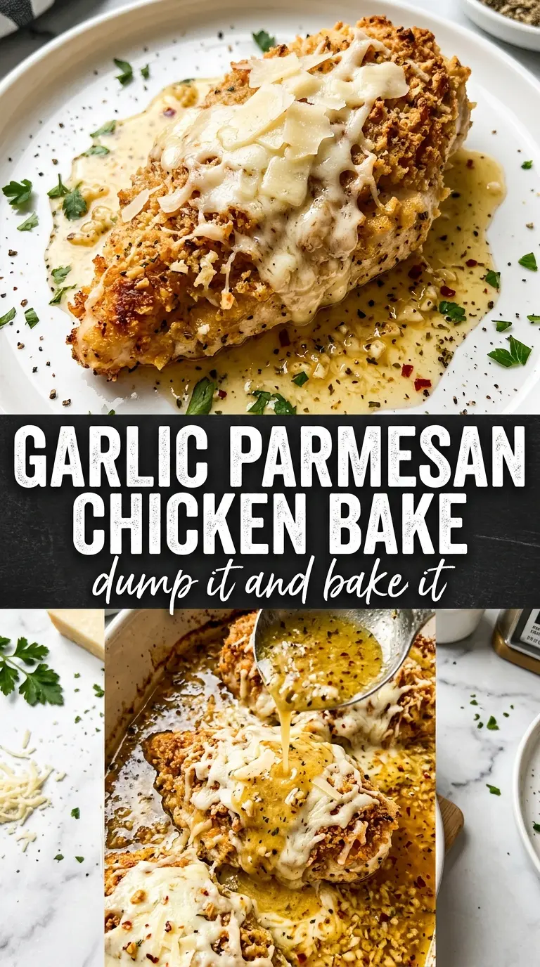 Garlic Parmesan Chicken Bake golden crust, baked chicken, crispy top