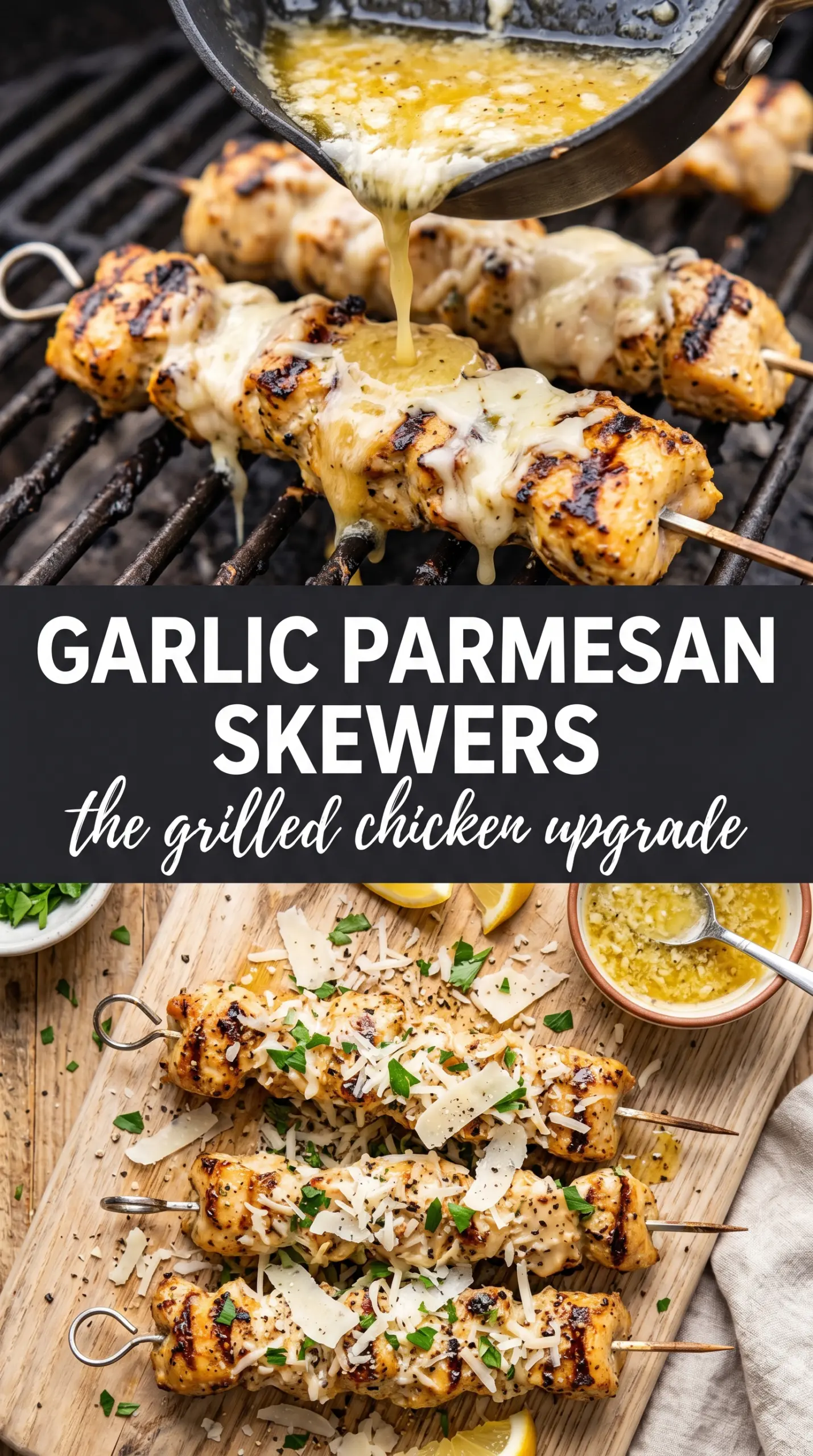 Garlic Parmesan Chicken Skewers with golden charred crust and herb butter