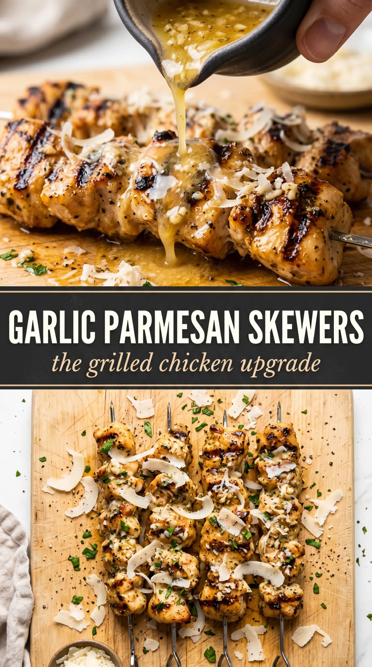Garlic Parmesan Chicken Skewers, grilled, buttery, charred